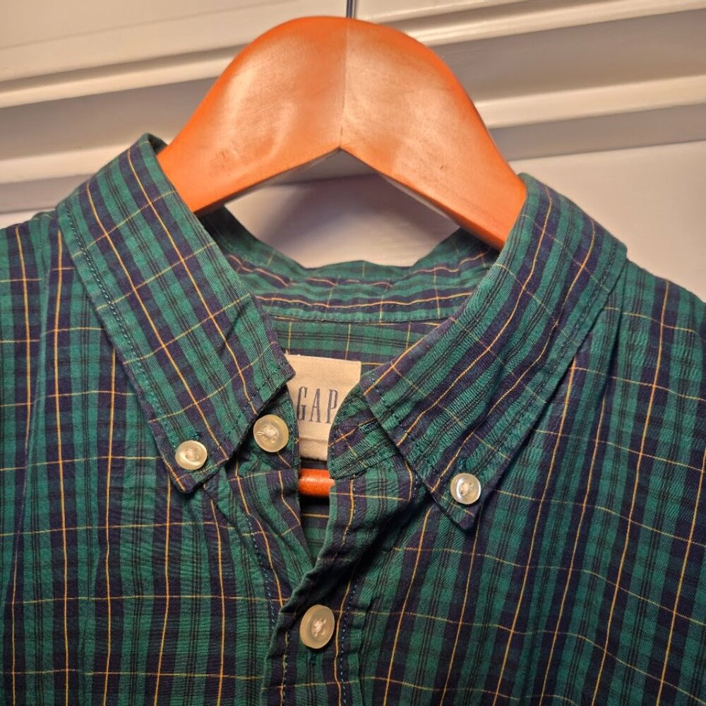 Vintage GAP Button Down Shirt | Greenâ Blue Plaid | Menâs Medium - Picture 5 of 6